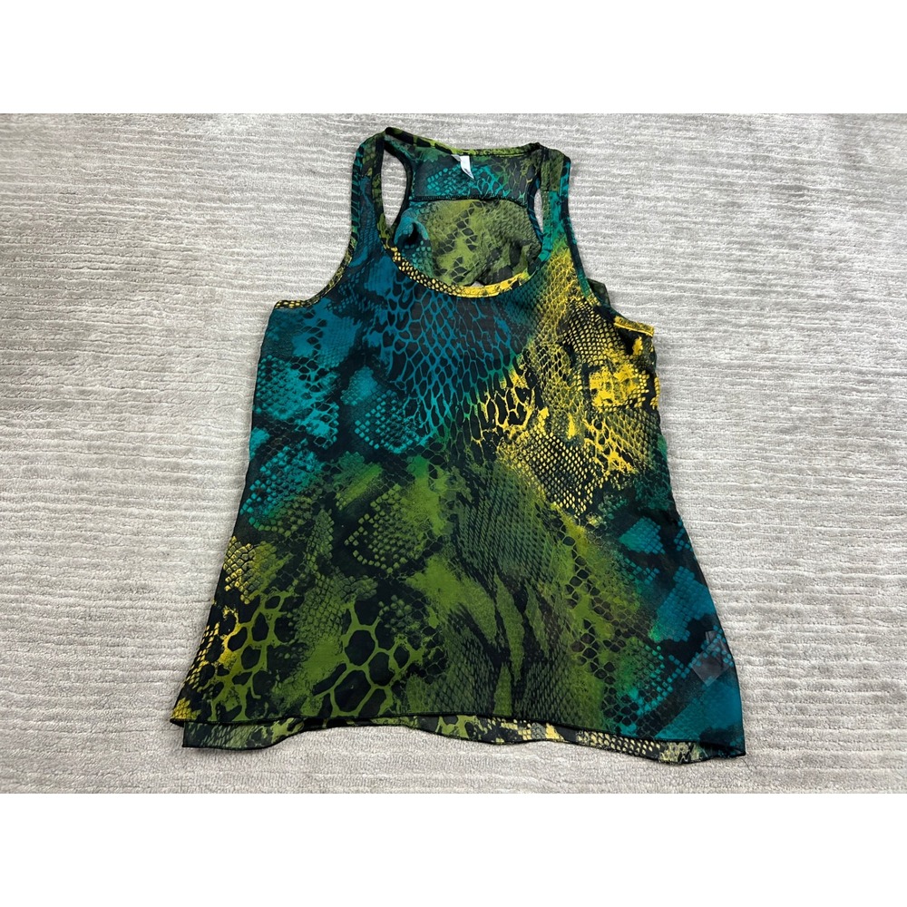 Studio Y Tank Top Womens Medium Green Yellow Snakeskin Ruffle Racerback Blouse